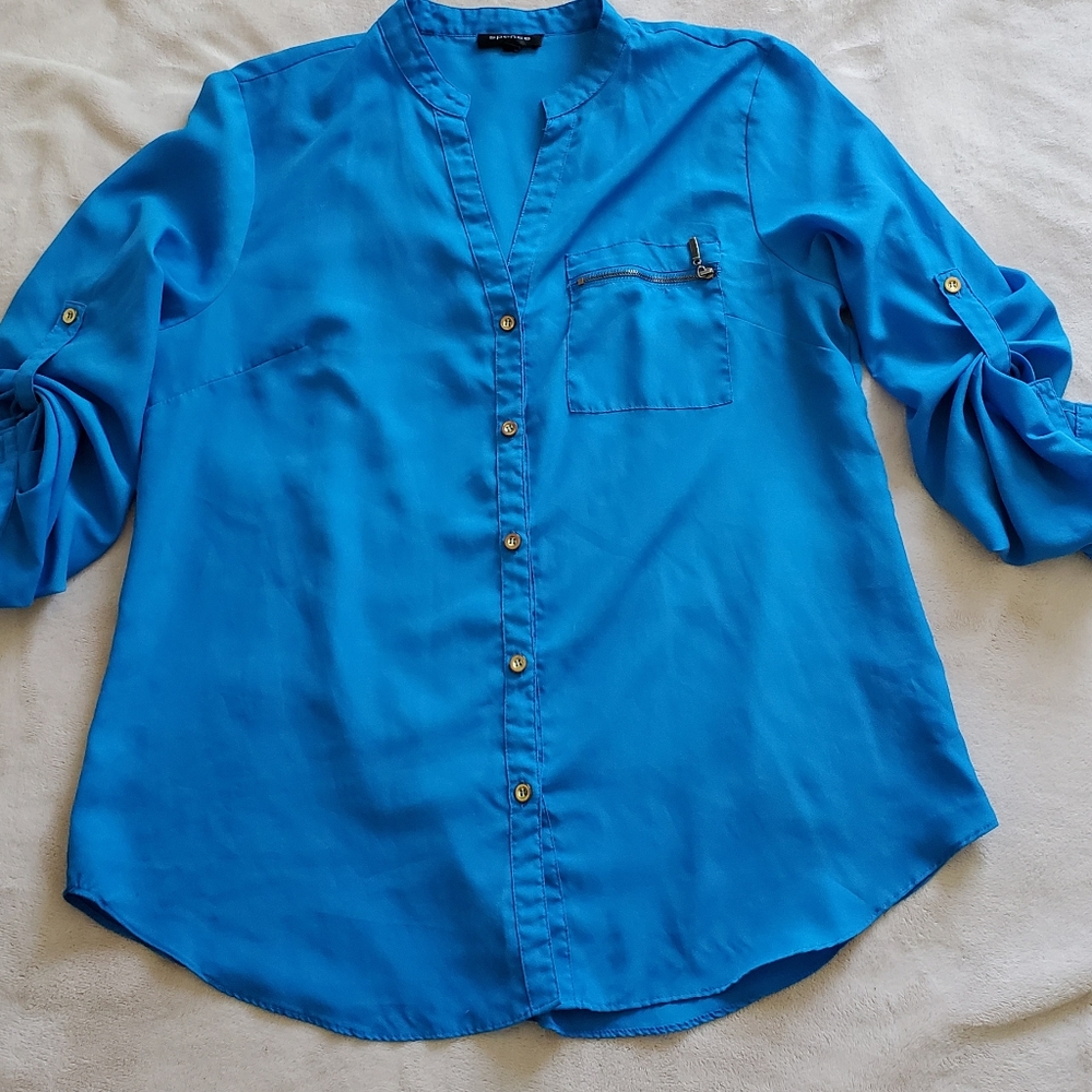 Blue button up with gold accents